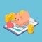 Isometric piggy bank and stethoscope with piles of coins