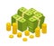 Isometric pile money with coins icon. Stacked heap of dollar banknote for business credit. Financial economy concept. Wealth or