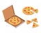 Isometric Pizza in the opened cardboard box, tasty whole pizza, slices.
