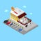 Isometric Pizzeria. Modern Restaurant with Parking Zone and People
