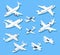 Isometric planes. Private jet airplanes, aircraft and airliner. 3d aerial vector set