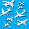 Isometric planes set. Private jet, 2 reactive passenger planes and small plane with propeller