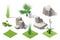 Isometric plants forest collection set. Fall trees and stones.