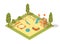 Isometric playground concept for outdoor family pastime. Playful kindergarten. Colored 3d isometric kids playground with