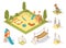 Isometric playground concept for outdoor family pastime. Playful kindergarten. Colored 3d isometric kids playground with