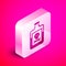Isometric Poison in bottle icon isolated on pink background. Bottle of poison or poisonous chemical toxin. Silver square