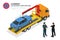 Isometric police fines car design flat . 3D car on Tow truck, police officer traffic, policeman person fines