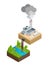 Isometric Pollution of the environment concept. The plant pours dirty water into the river, the pipes smoke and pollute