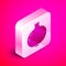 Isometric Pomegranate icon isolated on pink background. Garnet fruit. Silver square button. Vector