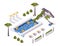 Isometric pool scene with palm trees, water slide, deck chairs. For hotels, cottages, water and aqua park
