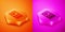 Isometric Portable video game console icon isolated on orange and pink background. Handheld console gaming. Hexagon