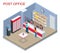 Isometric Post Office concept. Young man and woman waiting for a parcel in a post office. Correspondence isolated vector
