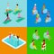 Isometric Pregnant Woman Aqua Aerobics, Fitness and Yoga. Healthy Lifestyle