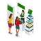 Isometric promotional stands or exhibition stands including display desks shelves and people with products and handout