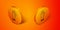 Isometric Protective gloves icon isolated on orange background. Orange circle button. Vector