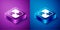 Isometric Puzzle pieces toy icon isolated on blue and purple background. Square button. Vector