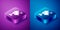 Isometric Radar icon isolated on blue and purple background. Search system. Satellite sign. Square button. Vector