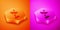 Isometric Radar icon isolated on orange and pink background. Search system. Satellite sign. Hexagon button. Vector