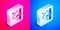 Isometric Radar icon isolated on pink and blue background. Search system. Satellite sign. Silver square button. Vector