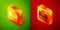 Isometric Radioactive cargo train wagon icon isolated on green and red background. Freight car. Railroad transportation