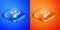 Isometric Radioactive in hand icon isolated on blue and orange background. Radioactive toxic symbol. Radiation Hazard