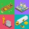 Isometric Radioactive waste elements. Vector hazard and radiation vector illustrations.