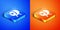 Isometric Ramadan drum icon isolated on blue and orange background. Square button. Vector