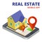 Isometric real estate mobile app with phone and 3d house vector
