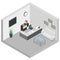 Isometric reception room interior sofa desk table monitor screen waiting area vector illustration