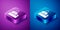 Isometric Receptionist standing at hotel reception desk icon isolated on blue and purple background. Square button