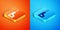 Isometric Reciprocating saw and saw blade icon isolated on orange and blue background. Vector