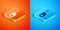 Isometric Reciprocating saw and saw blade icon isolated on orange and blue background. Vector