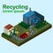 Isometric Recycling plant, house, and waste truck, caring waste. Can use for web banner, infographics, hero images.