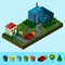 Isometric Recycling plant, house, and waste truck, caring waste. Can use for web banner, infographics, hero images