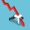 Isometric red falling graph stabbed through businessman.