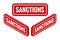 Isometric red rubber print of Sanctions text with dirty texture. Sanctions stamp