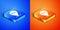 Isometric Refill petrol fuel location icon isolated on blue and orange background. Gas station and map pointer. Square