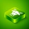 Isometric Reindeer icon isolated on green background. Merry Christmas and Happy New Year. Green square button. Vector