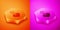 Isometric Religious cross in the heart inside icon isolated on orange and pink background. Love of God, Catholic and