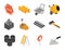 Isometric repair construction work tool and equipment ladder mixer concrete barrel shovel soil hammer flat style icons