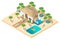Isometric rest house, a girl with a suitcase from the plane goes to the reception, luxurious rest, palm trees, pool, sand