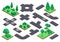 Isometric road and nature elements. Asphalt street, ring road, crossroad. Tree plants, bushes for city map landscape