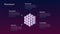 Isometric roadmap with big cube in center and copy space around for blockchain or cryptocurrency project on dark purple background