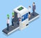 Isometric robot analyzes the database of employees or personnel. Data processing. Robot HR manager. Human resources HR