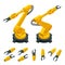 Isometric robotic arm, hand, industrial robot flat vector icons set. Robotics Industry Insights. Automotive and