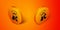 Isometric Roman army helmet icon isolated on orange background. Orange circle button. Vector