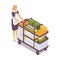 Isometric room cleaner woman with trolley and cleaning items in hotel, hostel, villa. 3d service female character vector concept