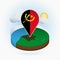 Isometric round map of Angola and point marker with flag of Angola. Cloud and sun on background