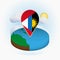 Isometric round map of Antigua and Barbuda and point marker with flag of Antigua and Barbuda. Cloud and sun on background