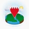 Isometric round map of Bahrain and point marker with flag of Bahrain. Cloud and sun on background